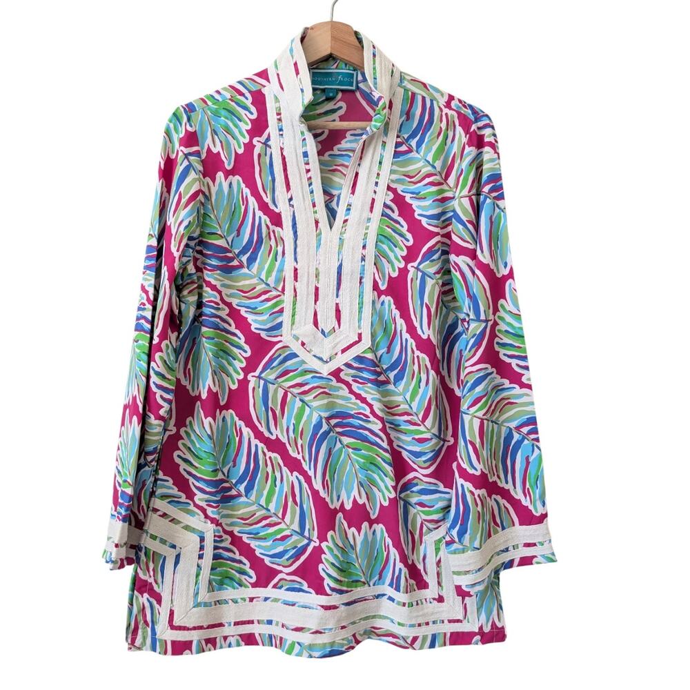 Southern Frock Dress‎ Size Medium, Embroidered Pink Blue Split V-Neck Beach Luxe
